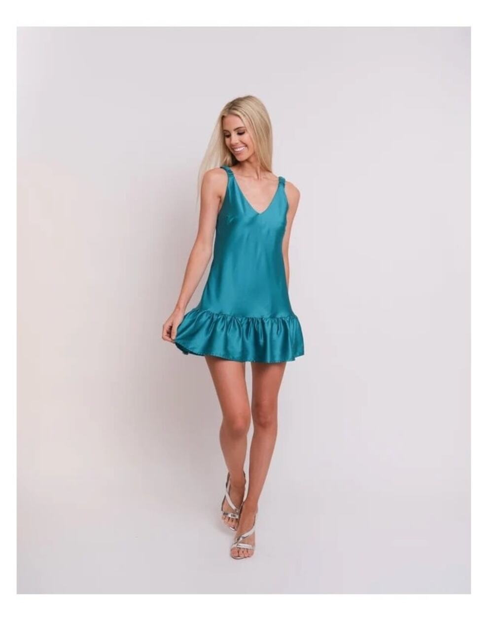 Hemline Rita Miin Ruffle Dress Emerald Green Size Medium Satin Cocktail Party